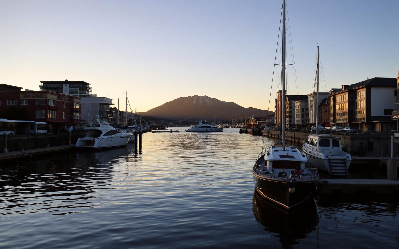 Hobart waterfront at golden hour, Tasmania